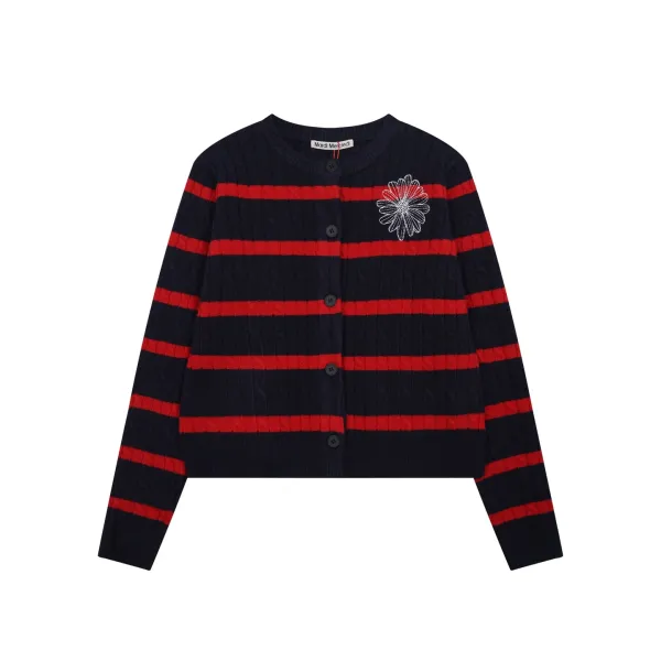 Mardi Mercredi Striped Cable Knit Cardigan with Embroidered Daisy Navy - 16