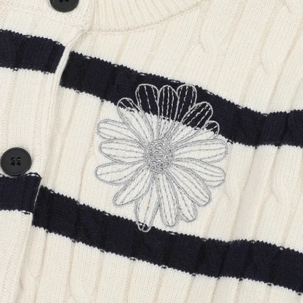 Mardi Mercredi Striped Cable Knit Cardigan with Embroidered Daisy Navy - 24