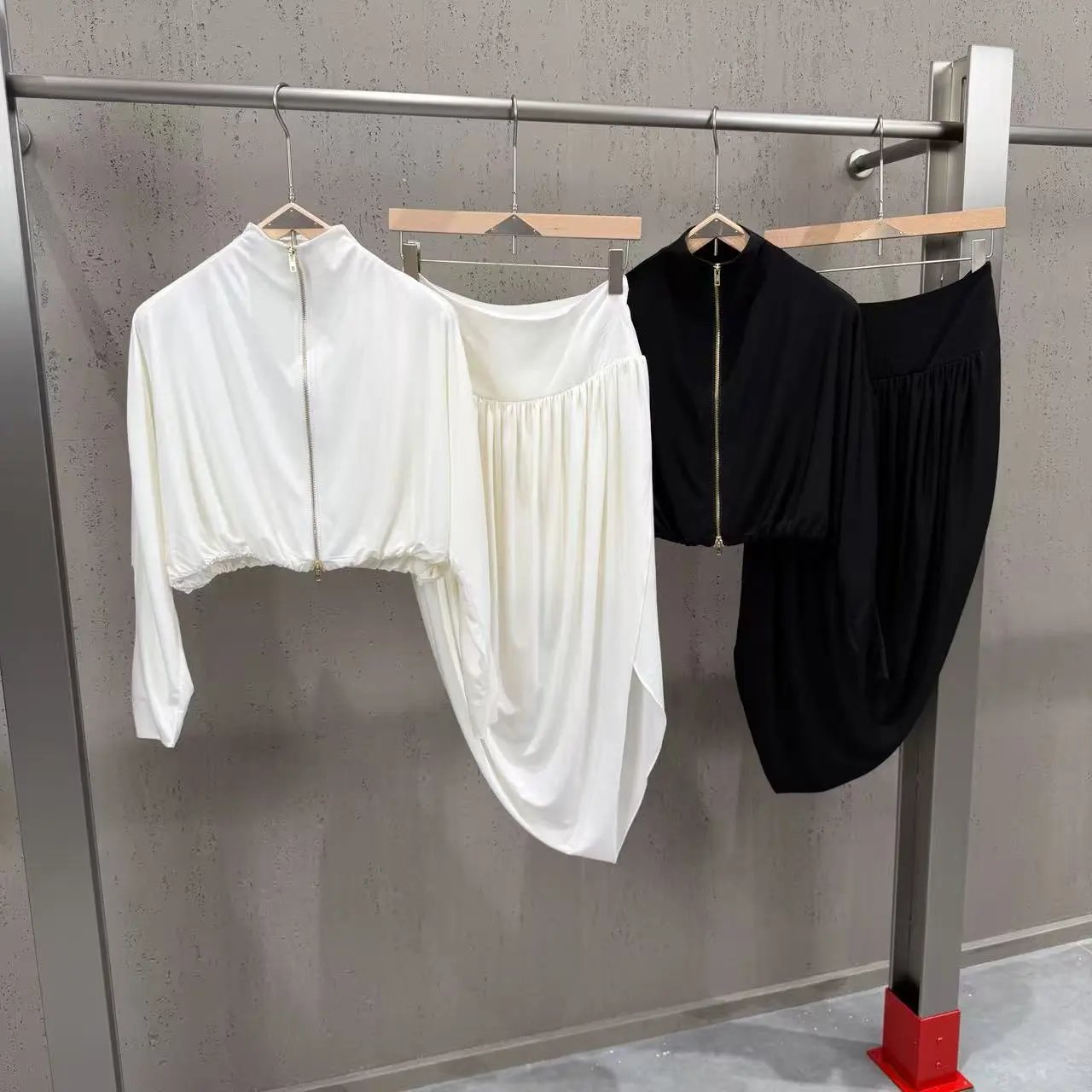 Mock Neck Zip Top and Asymmetric Skirt Set