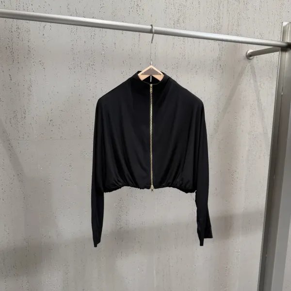Off-White Cropped Zip-Up Top and Draped Skirt Set Black - 27