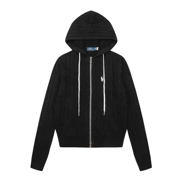 Polo Ralph Lauren Cable Knit Hooded Zip-Up Sweater Black - 1