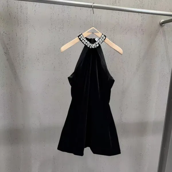 Black Velvet Halter Dress with Crystal Embellished Neckline - 2