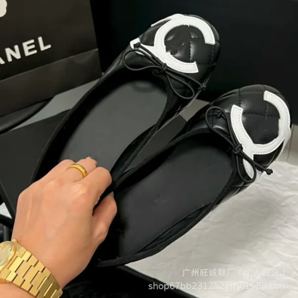Chanel Ballerina Flats White Quilted Leather with Black Bow Detail - 8