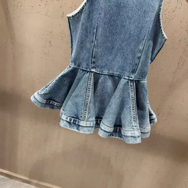 Denim Set: Flared Wide-Leg Jeans and Peplum Sleeveless Top in Medium Wash Blue - 16