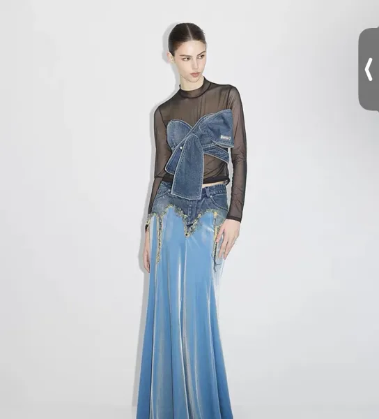 Off-White Denim Bow Mesh Top Blue/Black - 10