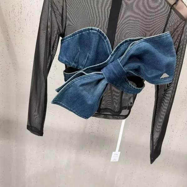 Off-White Denim Bow Mesh Top Blue/Black - 15