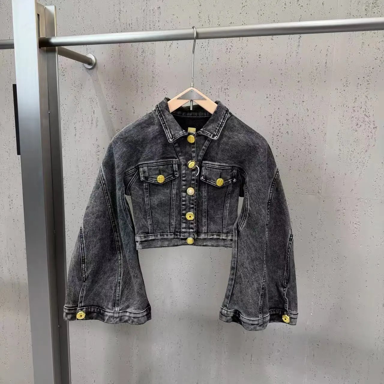 Versace Jeans Couture Cropped Denim Jacket with Gold Hardware in Acid Wash Gray - 21