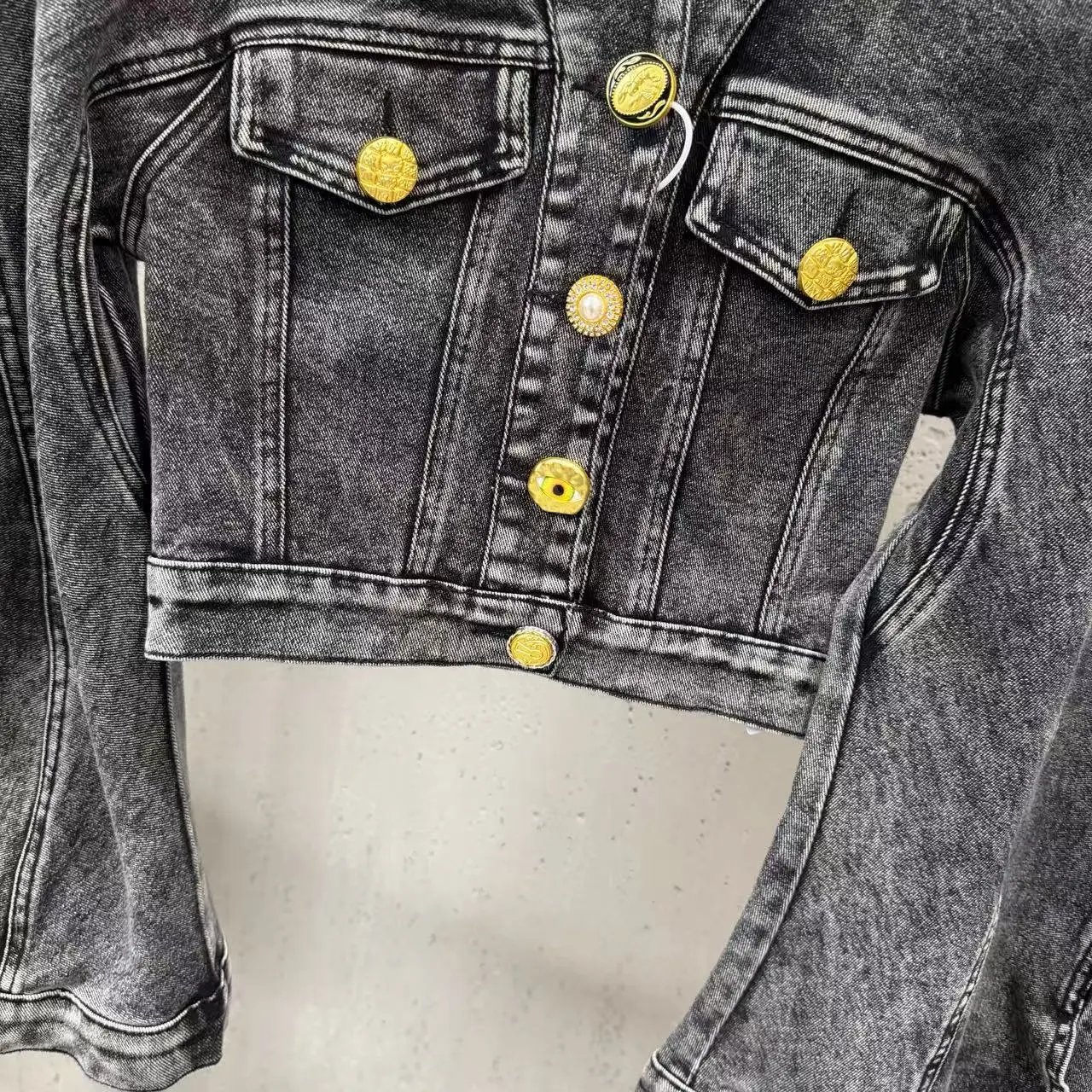 Versace Jeans Couture Cropped Denim Jacket with Gold Hardware in Acid Wash Gray - 25