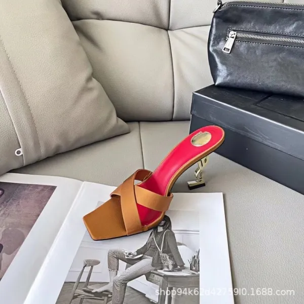 Saint Laurent Satin Mule in Bronze Block Heel Sandals - 14
