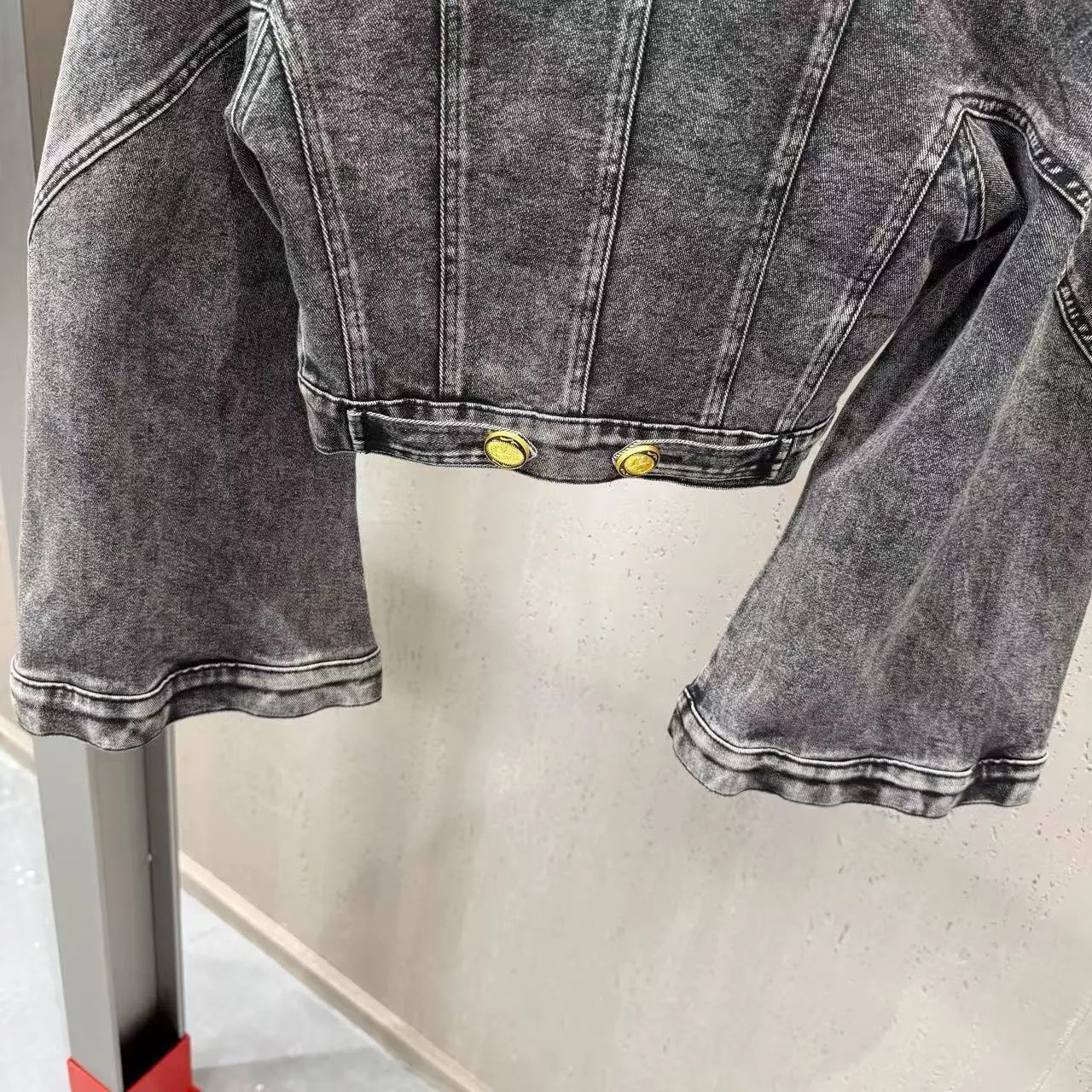 Versace Jeans Couture Cropped Denim Jacket with Gold Hardware in Acid Wash Gray - 29