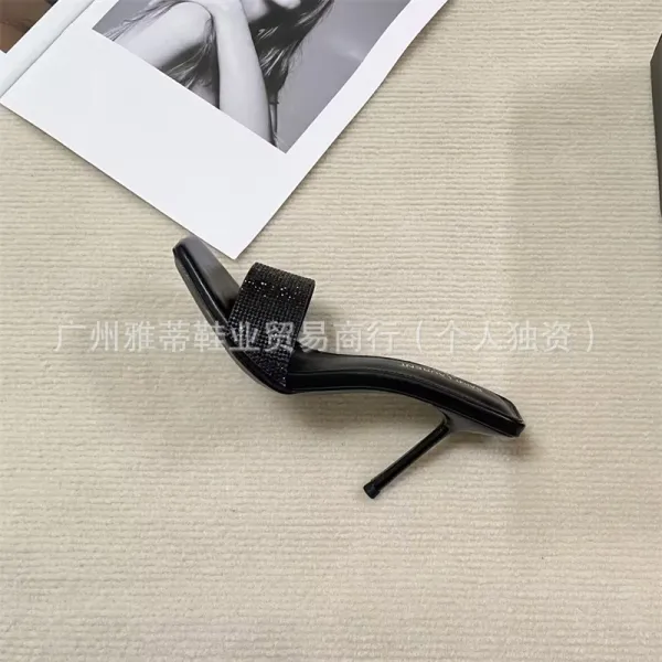 Black Crystal-Embellished Square-Toe Mule Heels - 6
