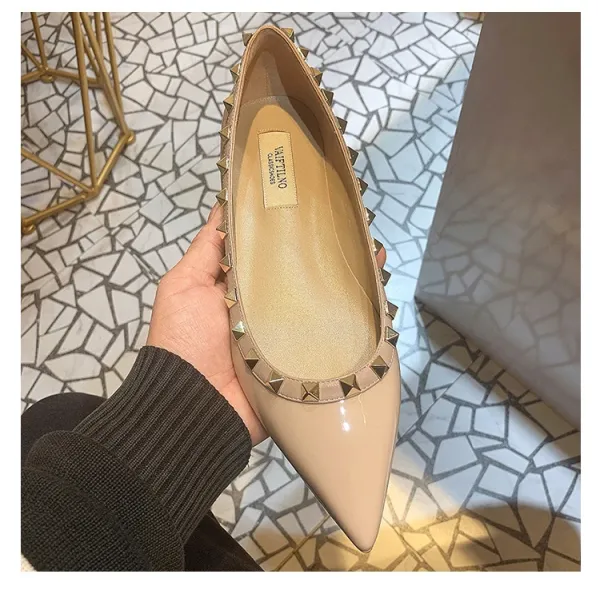 Valentino Garavani Rockstud Pointed-Toe Flats White Leather Shoes - 23
