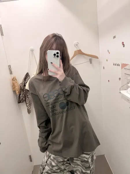 GRA Graphic Print Long-Sleeve Top in Charcoal with Polka Dot Skirt and Brown Combat Boots - 37