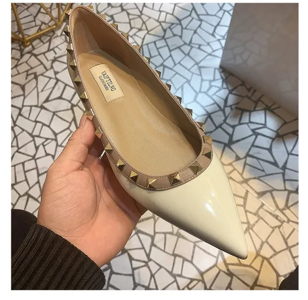 Valentino Garavani Rockstud Pointed-Toe Flats White Leather Shoes - 24