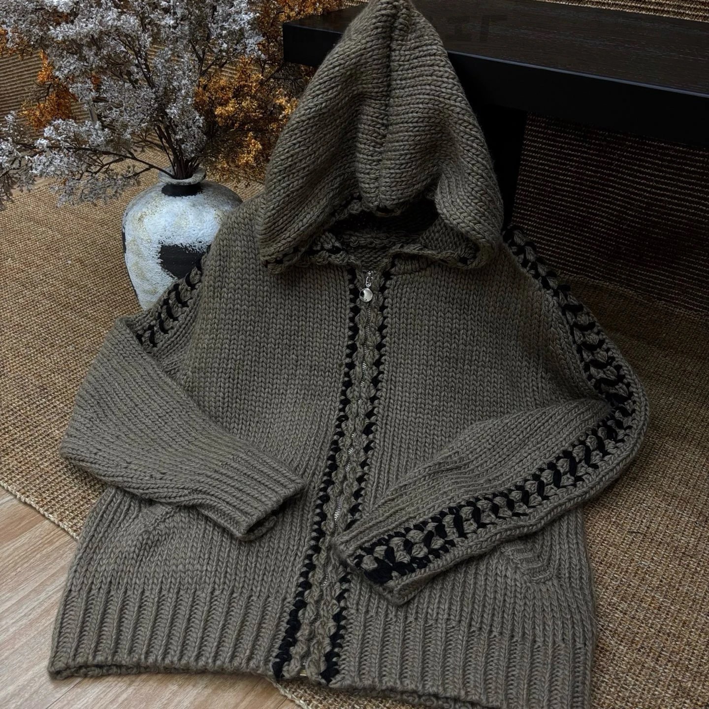 Hand-Knit Crochet-Trim Hooded Cardigan Beige Knit Cardigan - 12