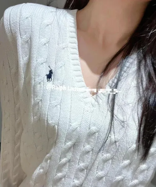 Ralph Lauren Cable Knit V-Neck Sweater White - 28