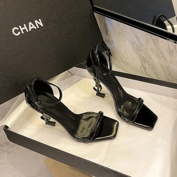 Saint Laurent Tribute Sandals Black Patent Leather Heels - 24