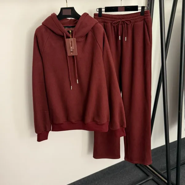 Design Ribbed Knit Hoodie and Sweatpants Set Burgundy Casual-Set - 4