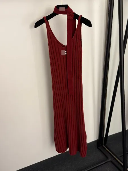 Chanel Knit Set with Camellia Embellishments Burgundy Sweater and Knit Dress - 6