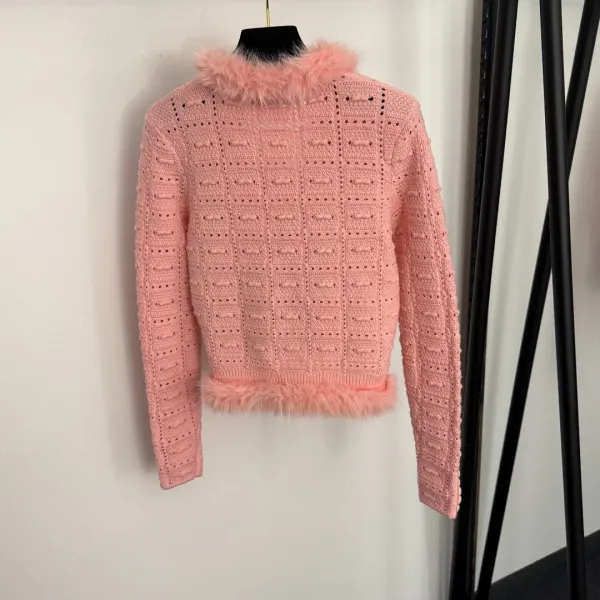 Pink Knit Skirt with Feather Trim and Buttoned Pockets - 6