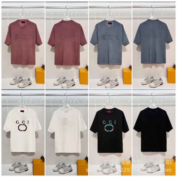 Gucci GCI Logo Embroidered Washed Denim Gray T-Shirt - 3