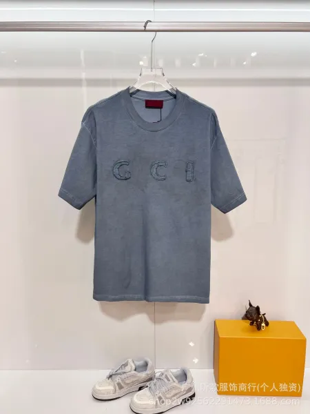 Gucci GCI Logo Embroidered Washed Denim Gray T-Shirt - 7