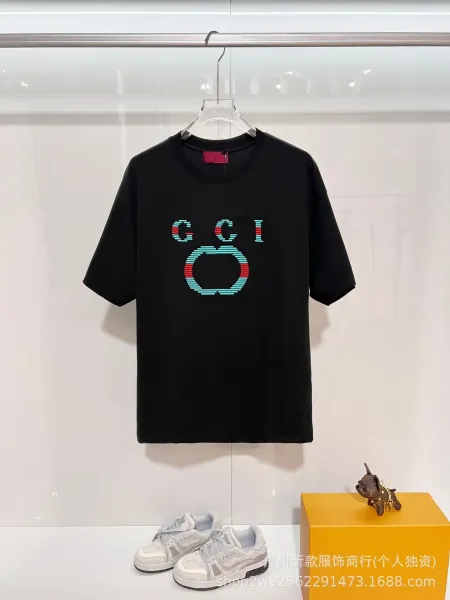 Gucci GCI Logo Embroidered Washed Denim Gray T-Shirt - 14