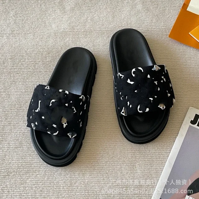 Unbranded Slippers Denim-pattern wide-strap slide product detail image 9
