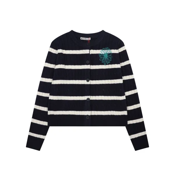 Mardi Mercredi Striped Cable Knit Cardigan with Embroidered Daisy Navy - 4