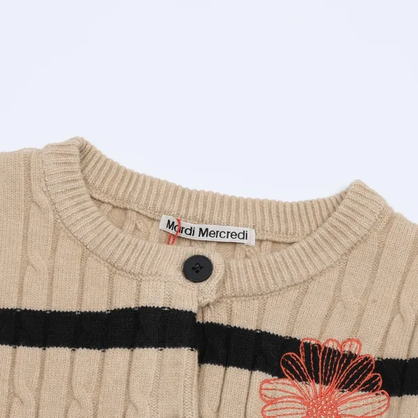 Mardi Mercredi Striped Cable Knit Cardigan with Embroidered Daisy Navy - 12
