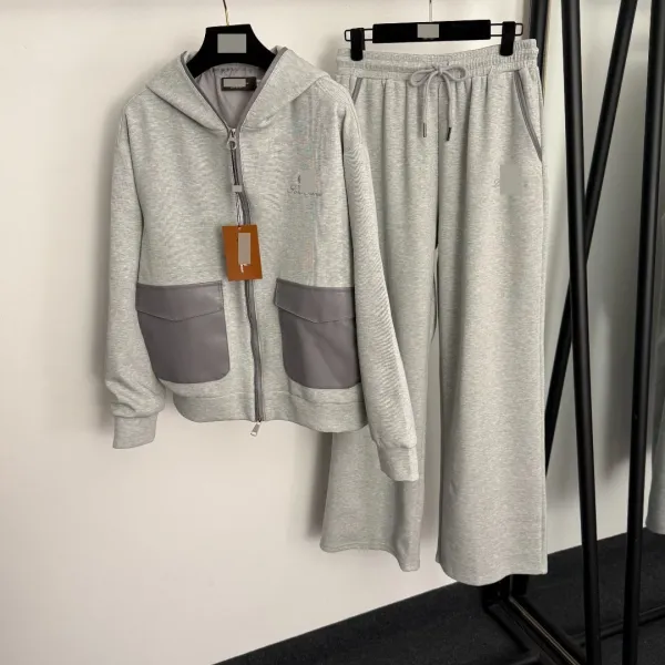 Design Cream Ribbed Hoodie and Wide-Leg Sweatpants Set - 4