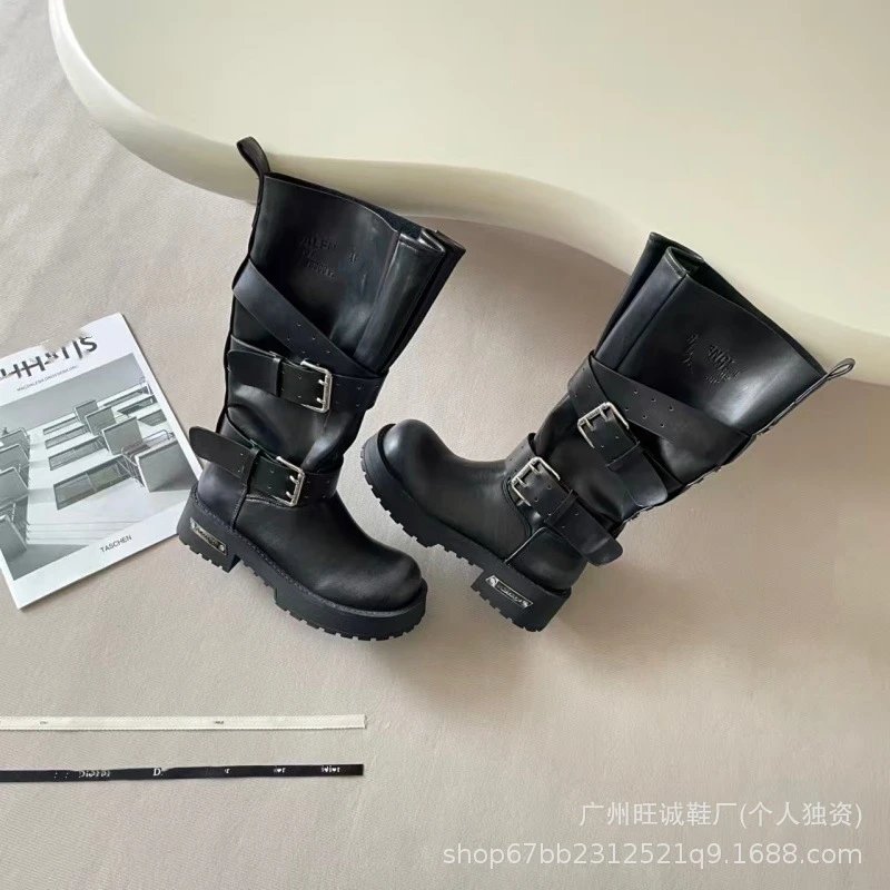 Design Moto-Style Buckle Boots Black Boots - 4