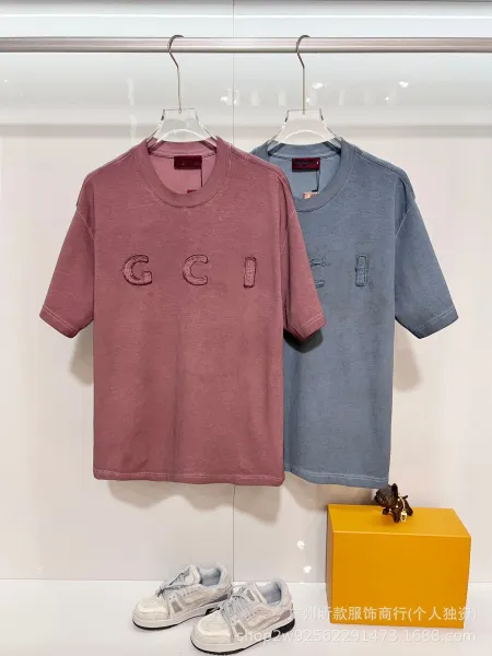 Gucci GCI Logo Embroidered Washed Denim Gray T-Shirt - 4