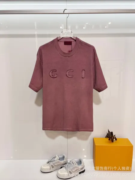 Gucci GCI Logo Embroidered Washed Denim Gray T-Shirt - 6