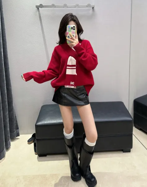 Off-White V-Neck Sweater with Scarf Detail in Burgundy - 3