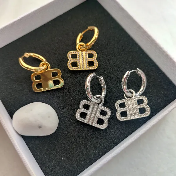 Balenciaga BB Logo Pave Hoop Earrings Silver - 7