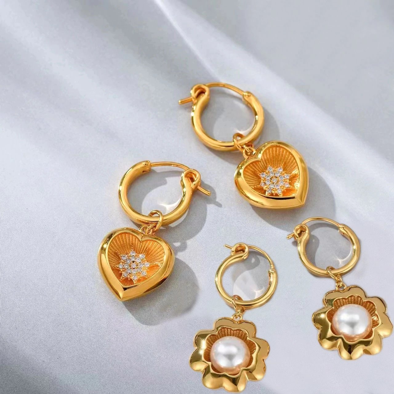 Luxury Italian BV Style sunburst crystal floral heart earrings Vintage Baroque pearl earrings for women: findsindex.com