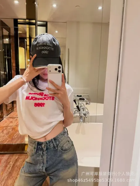 Acne Studios Stockholm Tee White Pink Graphic Cropped T-Shirt - 5