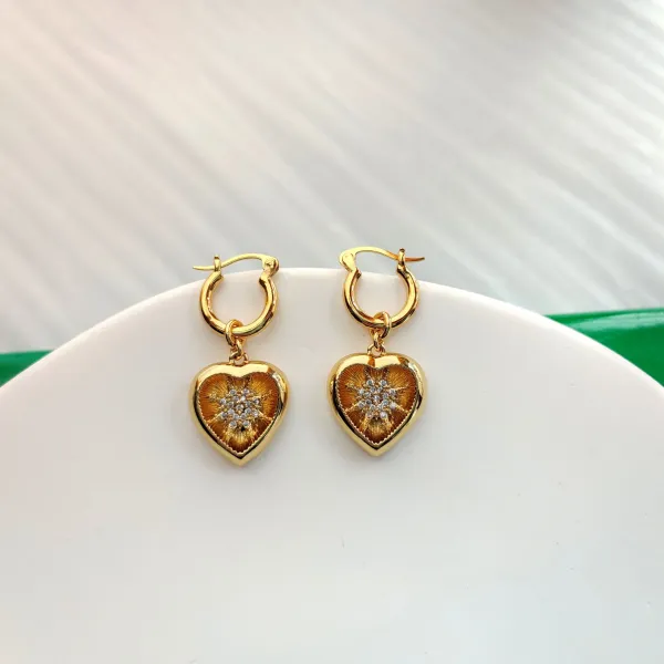 Gold Heart Charm Hoop Earrings with Crystal Cluster - 9