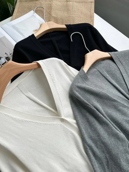Minimalist V-Neck Cardigan in Gray, White, and Black - 10
