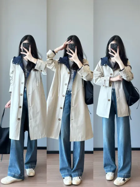 Design Double-Collar Trench Coat Beige with Navy Contrast Outerwear - 16