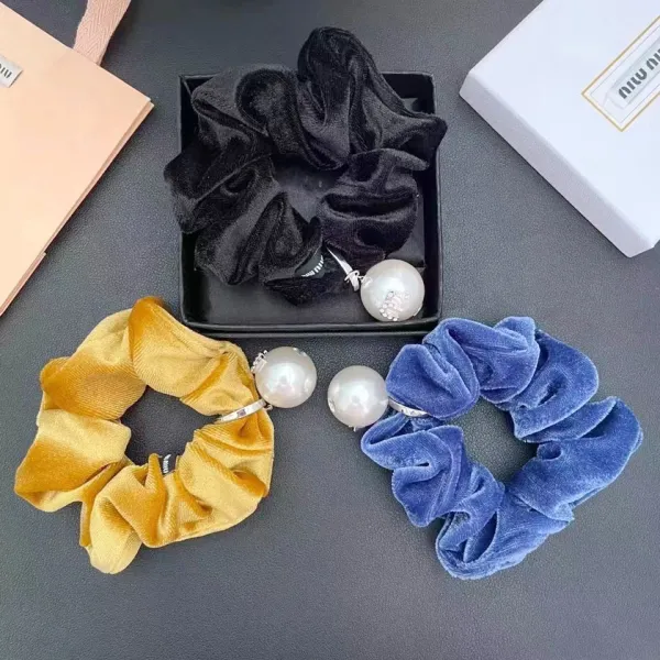 Velvet Pearl Charm Scrunchie Set in Black, Red, Yellow, and Blue - 5
