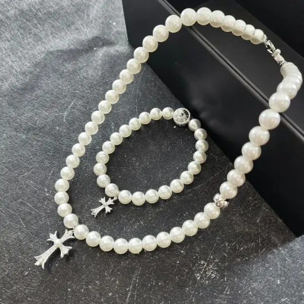 Pearl Bead Cross Pendant Necklace White - 7