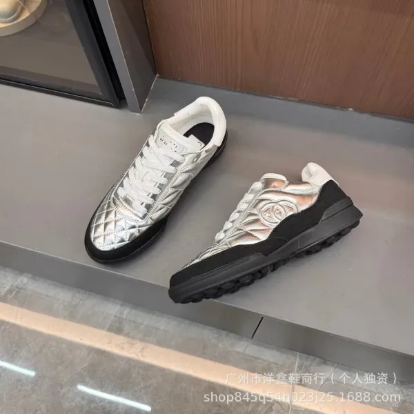 Chanel Tennis Classic Silver Quilted Sneakers - 16
