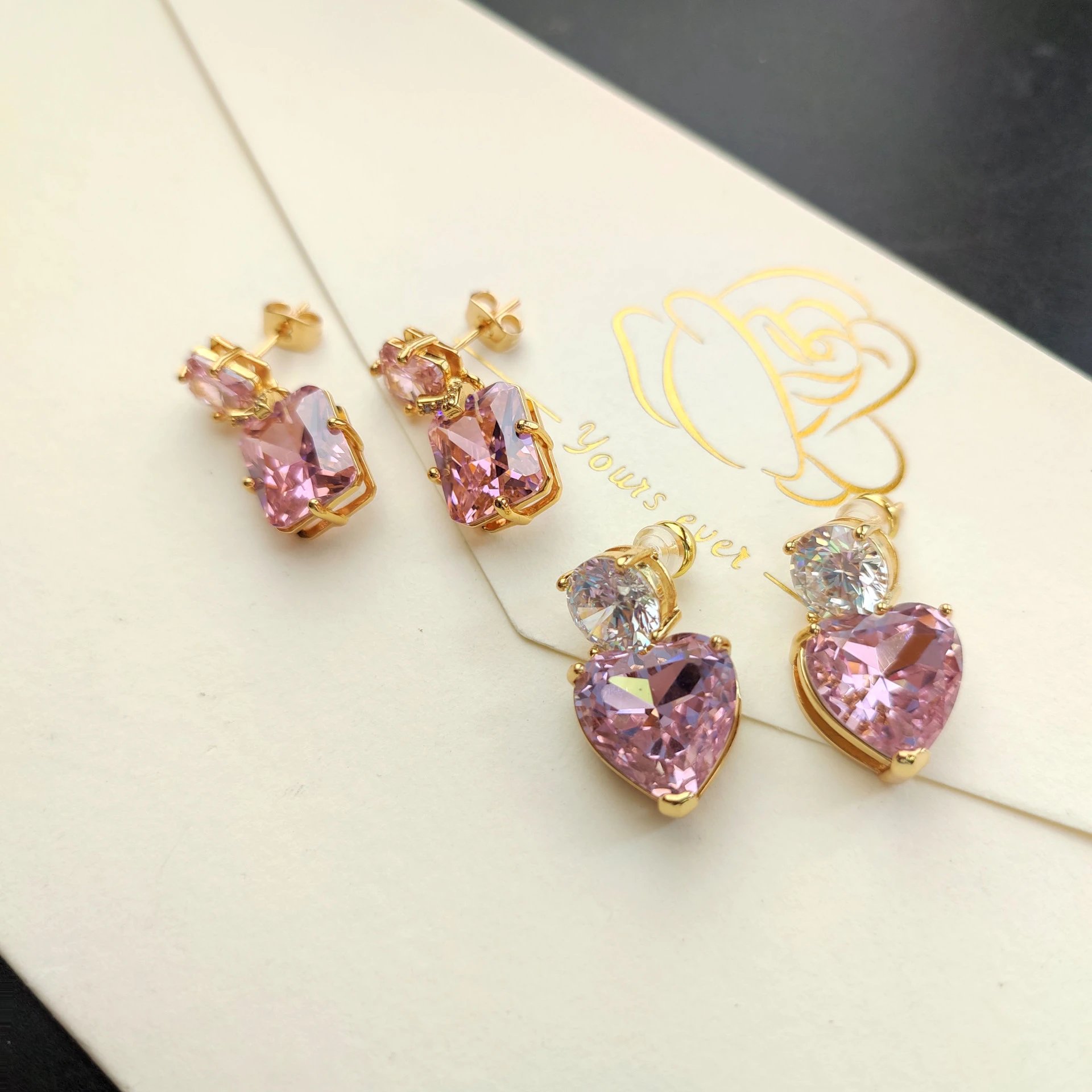 Pink Square-Cut Crystal Drop Earrings in Gold-Tone Setting - 7