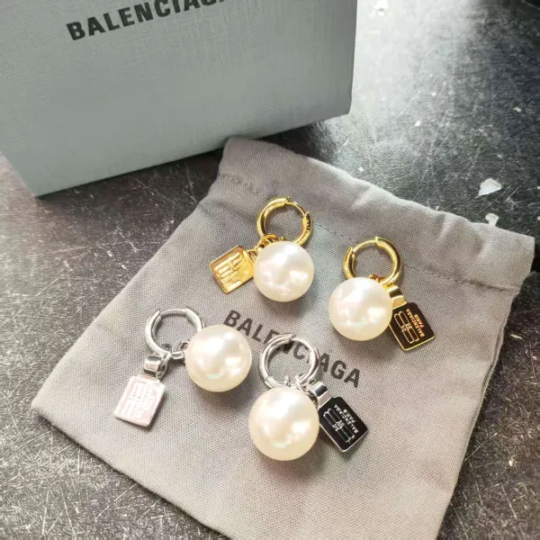 Balenciaga Pearl Hoop Earrings with Logo Tag Silver - 4
