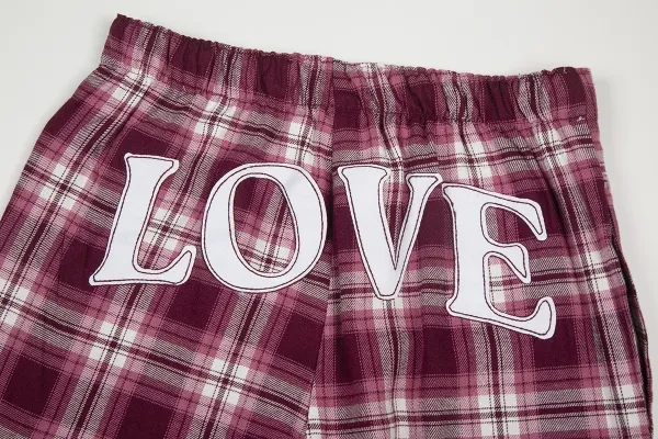 Design Plaid Lounge Pants with LOVE Print Burgundy Sleepwear - 10