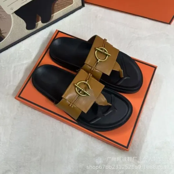 Hermès Oran Slide Sandals Tan and Black Leather Slippers - 9