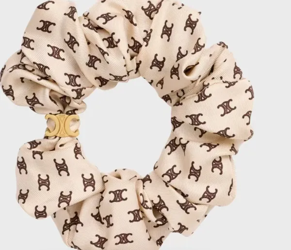 Celine Silk Scrunchie with Geometric Print Beige Accessories - 24