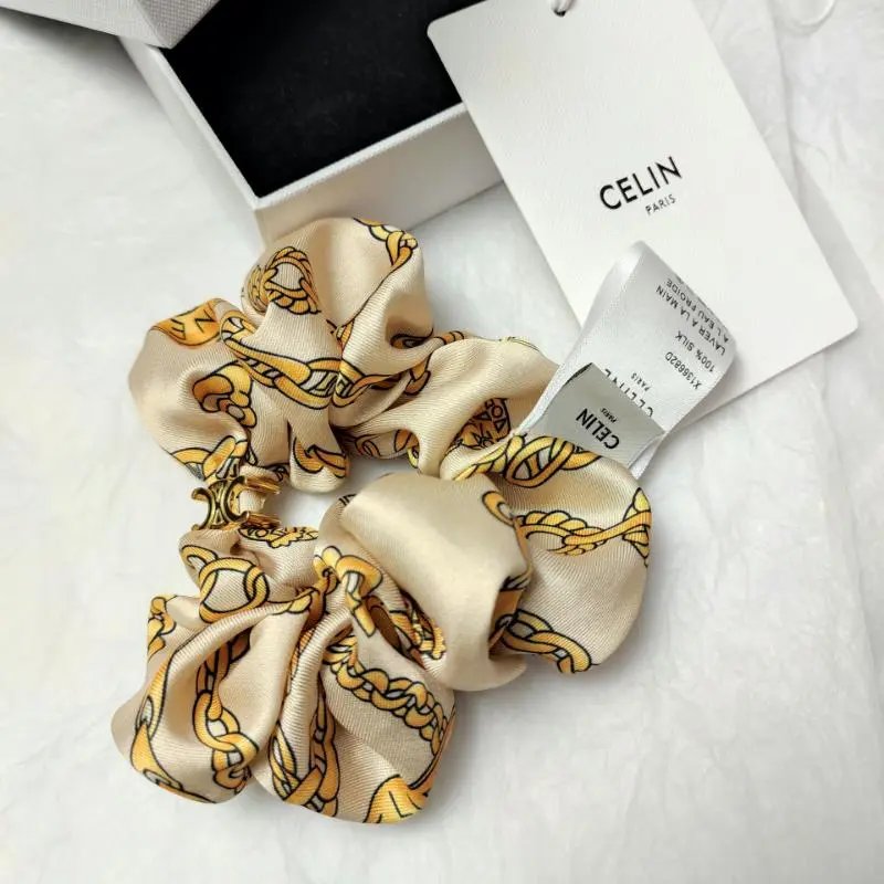 Celine Silk Scrunchie with Geometric Print Beige Accessories - 26